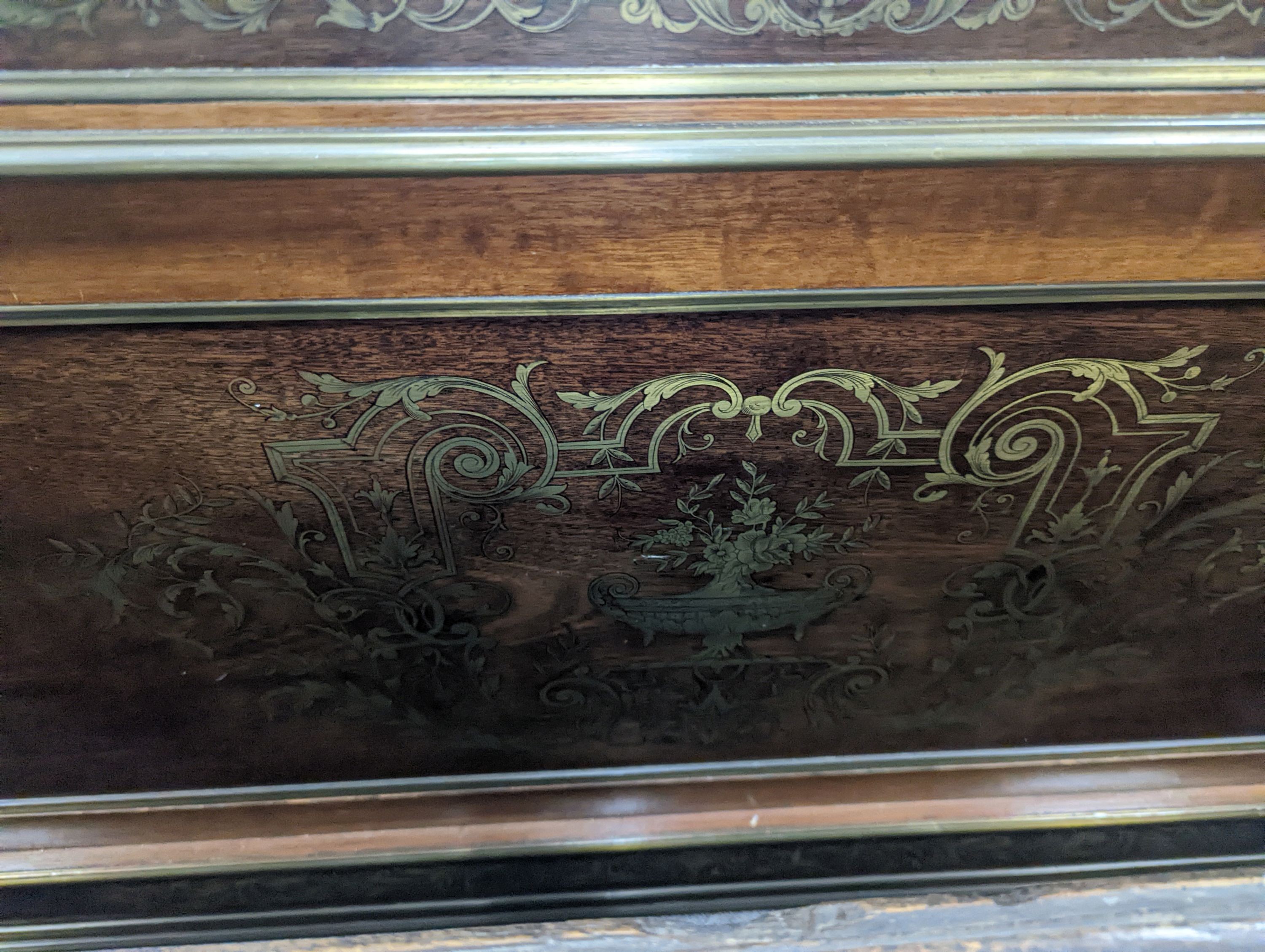 A Louis XVI style brass inlaid mahogany double bed frame, width 143cm, length 204cm